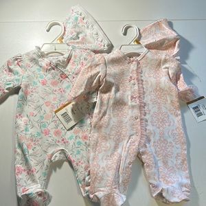 Set of 2 Little Me newborn footie sleeper pajamas with matching hats. NWT